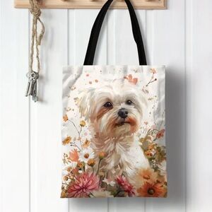 Maltese White Themed Floral Canvas Tote NIP